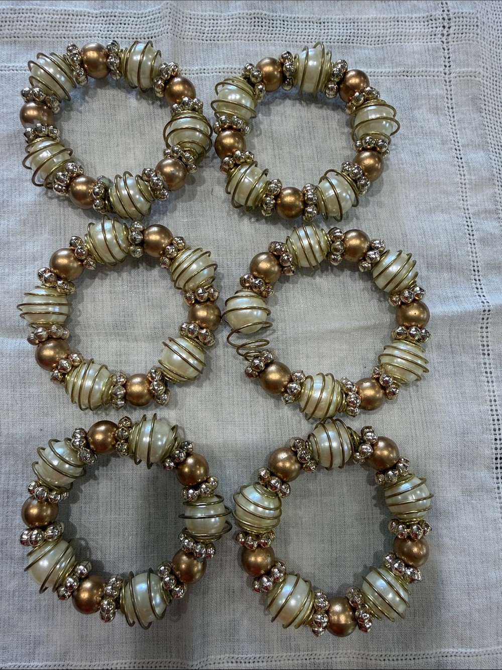 Napkin Rings 6 Gold and Cream Beaded Napkin Rings.